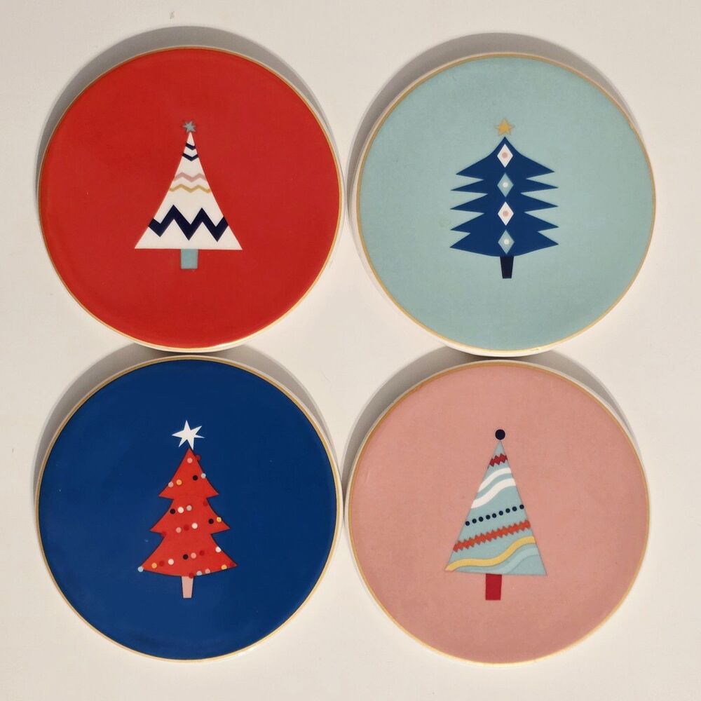 PIER 1 Christmas Tree Coasters Set Of 4 Ceramic Unique Designs & Colors Padded